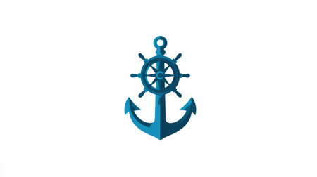 This vector illustration presents a stylized blue anchor with an attached ship's wheel. The design features a flat aesthetic with soft shading, set against a clean white backdrop. Suitable for various applications, this image could be used for maritime-themed projects, logos, or design elements, offering a sense of stability and guidance.の素材
