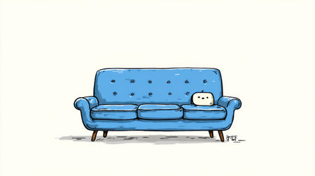An illustration depicts a blue couch, styled in a cartoonish manner. A small, white, character sits on the cushion. The simple composition utilizes line art and a muted color palette, highlighting the couch against a plain background. This image is suitable for use in design, editorial projects, or various commercial applications.の素材
