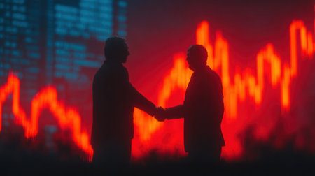 Two individuals in silhouette are depicted shaking hands against a background of red glowing lines. The composition features a dark, dramatic aesthetic with a focus on contrasting colors. This image conveys a sense of collaboration and potential for commercial applications in financial or business related contexts.の素材