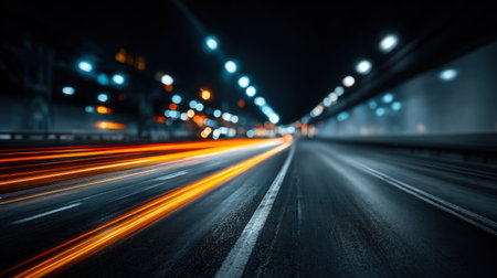 An abstract image showcases streaks of light, indicating movement within a dark tunnel. The composition features blurred lines of orange and white, contrasting against the muted tones of the road and surrounding infrastructure. This visual could be utilized for various commercial purposes, including representing speed, travel, and technology.の素材