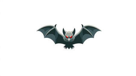 This illustration depicts a cartoon bat with outstretched wings, featuring a detailed dark gray and black color palette. The bat's red eyes stand out against its body. The image is rendered in a vector style and has a simple, clean composition suitable for various creative projects and design purposes. This illustration could be used for web design and promotional materials.の素材