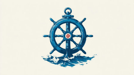 An illustration depicts a blue ship's wheel resting on stylized ocean waves. The graphic features a central red circle, with a detailed design. The composition uses a flat design aesthetic with clean lines and soft lighting. This image could be used for various design projects and commercial applications.の素材
