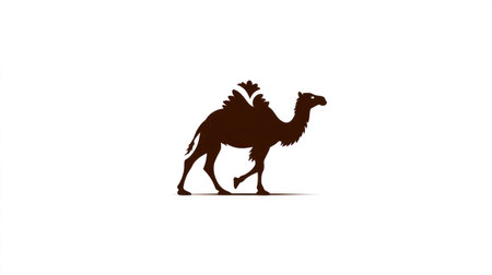 A brown camel is depicted in a side-profile silhouette against a plain white background. The image has a simple, vector style. The camel is shown walking with its legs in motion. This graphic can be used for a wide range of commercial and illustrative projects.の素材