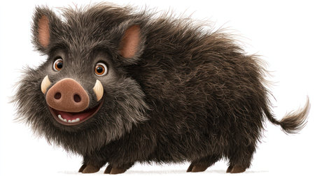 This cartoon illustration depicts a boar with fluffy dark fur, large tusks, and a cheerful expression. The animal is set against a clean white backdrop, highlighting its features. This image uses bright lighting and a friendly style which is suitable for educational materials or children's designs. The artwork lends itself well to commercial projects.の素材
