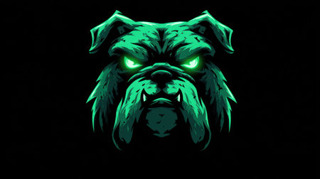 This illustration features a stylized bulldog head in vibrant green hues against a stark black backdrop. The artwork showcases detailed fur textures and glowing eyes, creating a dramatic visual impact. It utilizes a digital art style. Suitable for graphic design projects and various commercial applications.の素材
