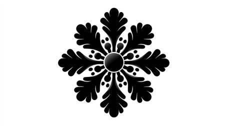 This image presents a symmetrical black floral design isolated against a white backdrop. The design displays a stylized flower-like form. The style is clean and minimalistic with a focus on form and shape. This composition is suitable for various commercial design applications.の素材