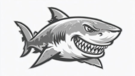 This grayscale illustration features a cartoon shark with an aggressive expression. The image showcases detailed line art and a dynamic pose, set against a plain background. Its style is reminiscent of classic illustrations, suitable for various editorial and commercial applications.の素材