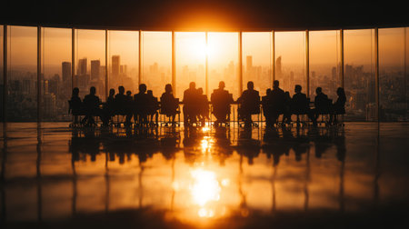 A group of people are silhouetted in a meeting room, facing a large window with a cityscape view. The warm sunlight creates a golden glow, reflecting on the polished floor. The image has a low-angle perspective, emphasizing the scale of the architecture and the meeting. Suitable for representing business, teamwork, or planning concepts.の素材