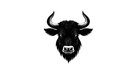 A detailed illustration presents a bull's head, predominantly black, on a stark white backdrop. The composition features sharp lines and textures, creating a striking contrast. Ideal for graphic design and commercial projects, the image can be utilized in various applications requiring a bold, isolated image.の素材