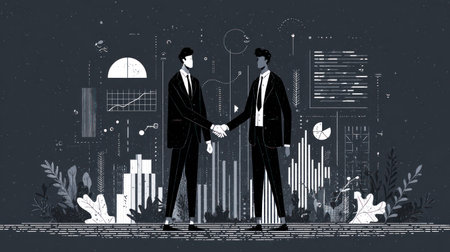 Two individuals in suits shake hands against a backdrop of data visualizations. The grayscale palette presents a graphic style with light and shadow interplay. The composition suggests business collaboration and technological environments. This imagery may be used for presentations and editorial purposes.の素材