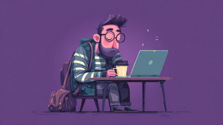 An illustrated man is depicted sitting at a table, focused on a laptop. He holds a coffee cup, set against a solid purple backdrop. The scene uses bold lines and colors to suggest a casual environment, potentially suitable for design, advertising or editorial purposes.の素材