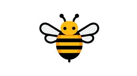 A cartoon bee illustration features a yellow and black striped body, with white and black wings. The design is simple, with flat colors and bold outlines, set against a plain white backdrop. This image is suitable for various commercial uses, including website graphics, educational materials, and print media projects.の素材