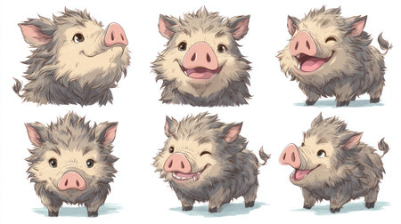 This image presents a set of cartoon boars in different expressions and poses. The illustrations feature soft color palettes and a focus on friendly, approachable appearances. These charming characters could be suitable for children's books, educational materials, or decorative design elements for various commercial projects.の素材