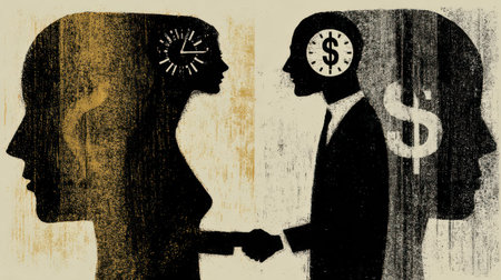 An illustration depicts a handshake between two figures, one with a clock and the other with a dollar symbol. The artwork employs a minimalist style with a neutral color palette and textured effects. The image suggests concepts related to business, time management, and financial partnerships. Suitable for various commercial and editorial applications.の素材