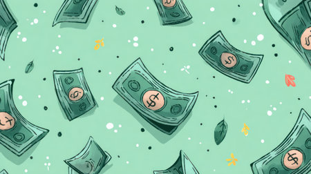 This cartoon illustration depicts money notes floating against a light green background. The style is simple and graphic, featuring soft colors and a slightly textured appearance. The composition is a pattern, suggesting abundance or financial themes. Suitable for various design projects related to finance, economics, or wealth.の素材