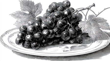 This detailed illustration depicts a cluster of black grapes presented on a decorative plate. The artwork features a grayscale palette, emphasizing textures and forms, likely created with cross-hatching. Ideal for culinary visuals or design projects, the image has a simple composition. It would be suitable for various editorial or commercial applications.の素材