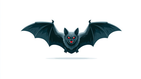 A cartoon illustration presents a bat in mid-flight with outstretched wings against a clean white backdrop. The dark creature is detailed with visible fur and features bright red eyes. This image's simple style and solid background make it suitable for various design projects and commercial applications.の素材
