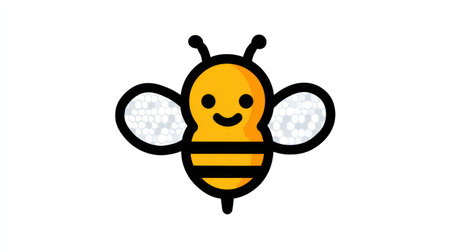 A cheerful cartoon bee is shown against a plain white backdrop. The insect features a yellow body with black stripes, small wings, and a friendly expression. The illustration uses bold outlines and simple shapes. The image could be suitable for various design projects, advertising, or educational materials.の素材