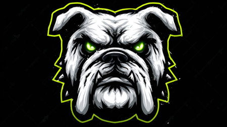 This illustration features a bulldog head rendered in a stylized, graphic design. The image showcases a contrast of black and white, with neon green accents on the eyes and outline. It is a striking visual with strong lines, suitable for logos, branding, or editorial use, and is adaptable for various applications.の素材
