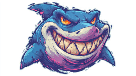 A cartoon shark with a wide grin and menacing teeth is depicted against a white backdrop. The illustration showcases vibrant blue and pink hues with defined lines and expressive eyes. This image could be used in various applications, from educational materials to promotional graphics or character design.の素材