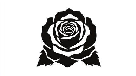 A vector illustration presents a stylized black rose against a clean white backdrop. The graphic features sharp lines and solid fill, emphasizing the form of the petals and leaves. This design suggests use in various applications, from design elements to decorative graphics or illustrations.の素材