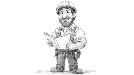 A cartoon construction worker stands, holding architectural plans. The illustration features a grayscale palette, emphasizing textures and details. The composition is centered, presenting the figure in a clear, professional style. Suitable for various commercial uses, including advertising or educational materials, the image provides a clean visual.の素材