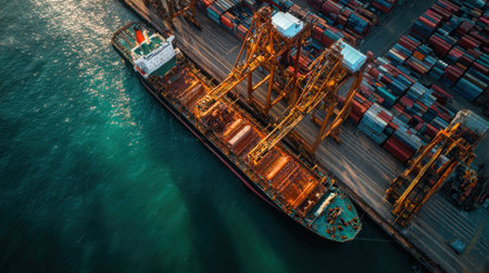 An aerial view presents a cargo ship alongside a dock, with cranes reaching towards shipping containers. The scene displays a mix of orange and brown tones on the ship and equipment, contrasted with the turquoise water. The image suggests a busy logistics environment, appropriate for commercial and editorial applications.の素材