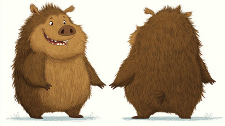 This illustration depicts a cheerful cartoon boar in both front and back views. The artwork features warm brown tones and soft textures, set against a clean white background. It could be suitable for children's books, educational materials, or various design projects seeking an amiable character. The image offers versatile applications.の素材