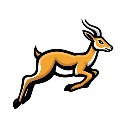 A cartoon gazelle leaps gracefully against a plain white background, rendered in bright orange and black. The illustration utilizes bold lines and filled colors, presenting a dynamic pose of movement. This design could be suitable for various applications, including print media or digital marketing materials.の素材