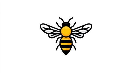 A cartoon bee is depicted with a yellow body and black stripes, set against a pristine white background. The illustration exhibits a clean, vector style with bold outlines. Ideal for various design purposes, this image is suitable for educational materials, website graphics, and commercial projects seeking a simple, eye-catching visual.の素材