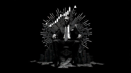 An individual in formal attire sits upon a throne composed of financial assets, with ascending charts radiating from behind. The grayscale image presents dramatic lighting and high contrast, evoking a sense of power. The composition implies themes of leadership, finance, and triumph, suitable for various commercial applications.の素材