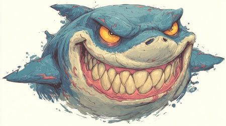 A cartoon illustration showcases a shark with a large, expressive grin, revealing numerous sharp teeth. The artwork employs a vibrant color palette of blues, reds, and oranges, with textured brushstrokes. The character appears on a plain background, lending itself to diverse applications in design. This image is suitable for promotional materials or illustrative purposes.の素材