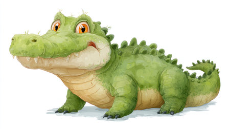 A cartoon illustration showcases a smiling crocodile, rendered in bright green hues. The reptile features detailed scales and textures, with striking orange eyes. The composition is simple, with the crocodile isolated against a clean white backdrop, suitable for various design projects and commercial applications.の素材