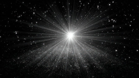 This abstract image features a brilliant white light source emanating outwards against a dark backdrop. The visual characteristics include stark contrast, radial lines, and a celestial appearance. Ideal for designs requiring an otherworldly or energetic feel, the image suits various commercial applications.の素材