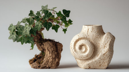 A bonsai tree with green leaves and a weathered trunk sits beside a beige, textured vase. The composition presents a minimalist style, against a plain white background. The lighting is soft and even, and the image is suitable for various commercial uses, including product promotion and illustrative content.の素材
