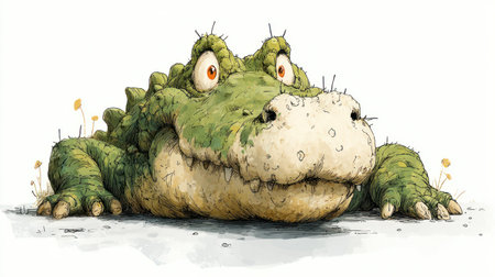 An illustration depicts a friendly crocodile. The reptile features a green and white color palette, with visible textures. The artwork presents a cartoon style, and the composition is a close-up, focusing on the character against a white background. This image could be suitable for various commercial projects and editorial content.の素材
