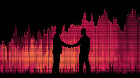 Two individuals are depicted in silhouette, engaging in a handshake, set against a backdrop of a vibrant, abstract financial chart. The composition features a bold color palette of red and black, with implied lighting creating a dramatic visual contrast. This image could be suitable for business, finance, or corporate-themed projects.の素材