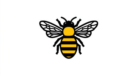 A cartoon bee illustration features a black and yellow striped body with delicate wings. The simple design emphasizes the insect's characteristics against a plain white background. It's a clean, vector graphic suitable for various uses, offering copy space for editorial or commercial projects.の素材