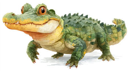 A whimsical illustration features a cartoon crocodile with a friendly expression. The artwork showcases vibrant green and yellow hues with detailed textures. The creature is posed against a white backdrop, suggesting studio lighting. Suitable for various creative projects, this image could enhance marketing materials or educational content.の素材
