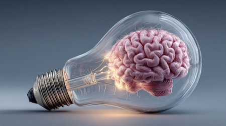 A detailed illustration depicts a human brain encapsulated within a transparent light bulb. The brain, rendered in a soft pink hue, is central to the image, and the bulb sits against a subtly shaded background. The composition suggests conceptual ideas, with potential uses in science, technology, and educational materials.の素材