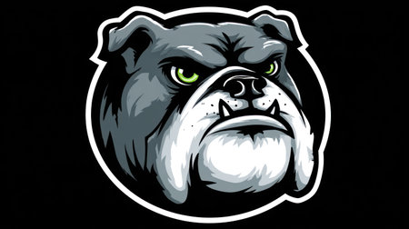 A vector illustration depicts a bulldog with a determined expression, its face shaded in gray and white with sharp details. Set against a black backdrop, the image emphasizes the dog's features. This artwork is suitable for various applications, including sports team logos, branding, or editorial content.の素材