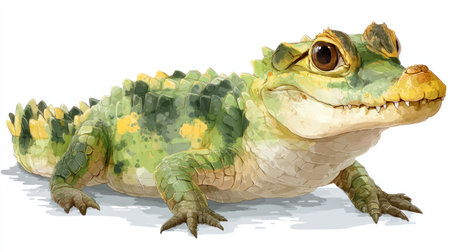 This illustration depicts a cartoon alligator, rendered with a watercolor style. The alligator features green and yellow skin, a detailed texture, and a soft light effect. This image could be suitable for various projects, including educational materials, children's books, or decorative elements. The isolated design allows for versatile commercial applications.の素材