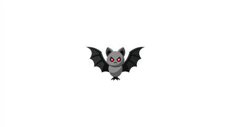 A cartoon illustration presents a bat character centered against a clean white backdrop. The bat features outstretched, dark gray wings and striking red eyes. The digital art style suggests potential use in themed designs, projects, or applications. The bright, neutral background offers versatility for various commercial applications.の素材