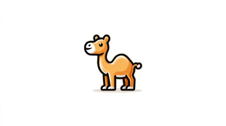 A cartoon camel is depicted in a simple and friendly style against a clean white background. The illustration features warm tan and brown tones, suggesting a desert environment. This visual is suitable for a variety of projects, potentially including educational materials or website graphics.の素材