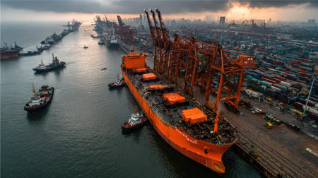 An aerial view presents a large orange cargo ship docked in a busy port. The image showcases numerous containers, tall cranes, and smaller vessels. The scene is set under an overcast sky, with the industrial environment suggesting a hub for international shipping. This imagery could be utilized in commercial projects or editorial content related to logistics.の素材
