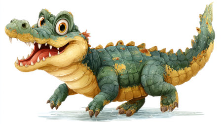 This illustration features a cartoon crocodile with a friendly expression. The reptile is depicted in vibrant greens and yellows, with detailed textures and a dynamic pose. The image is likely created in a digital art style. It is suitable for various commercial uses, including children's media and educational content.の素材