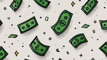This illustration features a pattern of cartoon dollar bills scattered across a neutral backdrop. The green currency notes are depicted in various positions with clean lines and stylized details. Suitable for commercial projects, this image conveys themes of finance, wealth, and transactions, ideal for various editorial and promotional applications.の素材