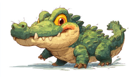 A cartoon illustration showcases a friendly crocodile. The artwork displays the reptile with bright green scales and large, expressive eyes. Rendered with soft shading, the illustration suggests a whimsical style. Suitable for children's books or educational content, it offers potential applications in various creative projects.の素材