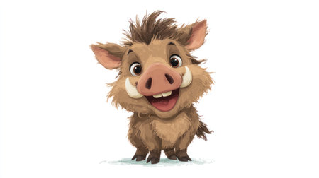 This cartoon illustration depicts a smiling boar with brown fur and prominent tusks. The style is soft and inviting, with a focus on friendly features. The image is set against a plain white background, which makes it suitable for various creative and commercial applications. It could be used in advertising or educational materials.の素材