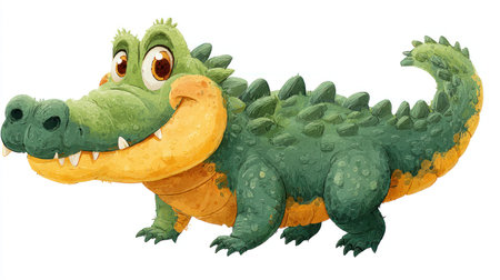 A cartoon illustration presents a cheerful crocodile, rendered in bright green and yellow tones. The creature's stylized form features large eyes and a friendly expression. The image utilizes soft shading and a white backdrop, suitable for various applications. It suggests usage in children's media or educational materials.の素材